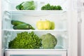 Open refrigerator full of green fruits and vegetables