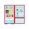 Open refrigerator full of products. Dairy, ripe fruits, tasty cake, pork leg and sauces. Flat vector design