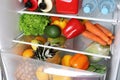 Open refrigerator with many different products