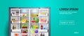 Open refrigerator side by side fridge full of fresh food copy space vector illustration