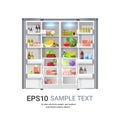 Open refrigerator side by side fridge full of fresh food copy space isolated