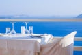 Open restaurant terrasse with amazing sea view on Santorini island. Greece Royalty Free Stock Photo