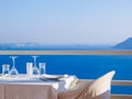 restaurant terrace with amazing sea view on Santorini island. Cyclades, Greece Royalty Free Stock Photo