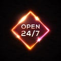 Open 24 7 Retro night neon sign Light square frame Royalty Free Stock Photo