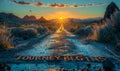 The open road through a desert at sunset with JOURNEY BEGINS written across the path, symbolizing new adventures and the start of Royalty Free Stock Photo