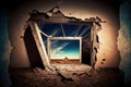 open roof window in ruined empty abandoned house