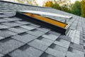 Open roof window on shingles flat polymeric roof-tiles