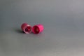 Open round pink plastic sharpener for cosmetic eyeliner pencils on gray blurred background. Copy space