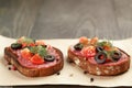 Open rye sandwich with salami and vegetables Royalty Free Stock Photo