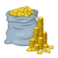 Open Sack Full of Golden coins and cash tower, mountain. Vector illustration banking money symbol isolated on white background