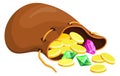 Open sack full of golden coins. Game treasure