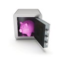 Open safe box with pink piggybank inside