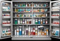 An open safe filled with various medication bottles.