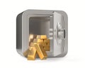 open safe with gold ingot on white background. Isolated 3d illustration Royalty Free Stock Photo