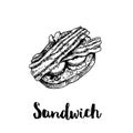 Open sandwich with bacon strips, cream cheese, cucumber and lettuce leaves. Top view. Ciabatta grilled bread. Hand drawn sketch st Royalty Free Stock Photo