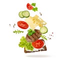 Open sandwich bread with grilled beef cutlet, cheese slice and fresh herbs and vegetables flying falling isolated on white Royalty Free Stock Photo