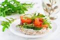 Open sandwich with crispbread salted salmon, cream cheese, sliced cucumber