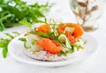 Open sandwich with crispbread salted salmon, cream cheese, sliced cucumber