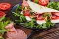 Open sandwich - italian piadina with salami Royalty Free Stock Photo