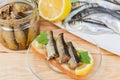 Open sandwich with preserved smoked sprats and ingredients, close-up Royalty Free Stock Photo