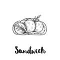 Open sandwich with salami slices, cream cheese, cucumber and arugula leaves. Top view. Ciabatta grilled bread. Hand drawn sketch s Royalty Free Stock Photo