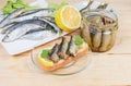 Open sandwich with preserved smoked sprats and ingredients Royalty Free Stock Photo