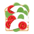 Open sandwich with spinach, soft cheese and tomato slices.