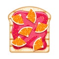 Open sandwich with sweet strawberry jam and orange slices.