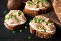 Open sandwiches with cottage cheese, canned tuna and green onions on black wooden background.