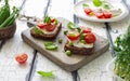 Open sandwiches with cream cheese,cherry tomatoes, green peas and basil close up Royalty Free Stock Photo