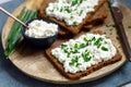 Open sandwiches with rye bread and white cottage cheese with green onions. Healthy breakfast or snack Royalty Free Stock Photo