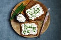 Open sandwiches with rye bread and white cottage cheese with green onions. Healthy breakfast or snack Royalty Free Stock Photo