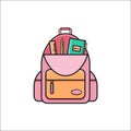Open school backpack icon with ruler, pencil and copybook.