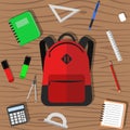 Open school backpack with school supplies in it flat vector.