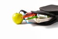 Open school backpack on an white background. Books, a notebook and pencils are sticking out of an open school backpack Royalty Free Stock Photo