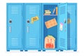 Open school lockers. Opened door locker inside highschool hallway, student closets for safety storage college contents