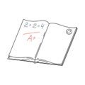 Open school notebook with an example and assessment. Doodle. Stationery for pupils and students. Design element for products for