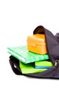 Open schoolbag with books and lunchbox