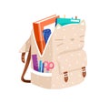 Open schoolbag packed with school stationery. Bag with books, pens in pocket. Backpack with supplies. Kitty-shaped Royalty Free Stock Photo