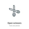 Open scissors outline vector icon. Thin line black open scissors icon, flat vector simple element illustration from editable tools Royalty Free Stock Photo