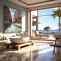 Open sea view from the bathroom, interior design