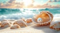 Open seashell with pearl on sandy beach at sunrise Royalty Free Stock Photo
