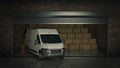 Open self storage unit full of cardboard boxes with truck. 3d rendering Royalty Free Stock Photo