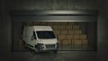 Open self storage unit full of cardboard boxes with truck. 3d rendering Royalty Free Stock Photo