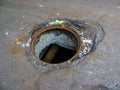 Open sewer manhole on the road Royalty Free Stock Photo