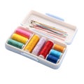 Open sewing kit with colorful thread spools and needles on a white surface close up shot studio light Royalty Free Stock Photo
