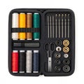 Open sewing kit with colorful threads needles scissors and buttons inside sewing supplies Royalty Free Stock Photo
