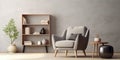 Open shelf stand near beige wall and gray armchair in room with parquet, floor. Scandinavian interior design of room
