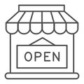 Open shop building thin line icon, market concept, Store with open signboard on white background, Store with sign open