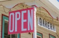 Open sign at a bakery in Coulterville, California Royalty Free Stock Photo